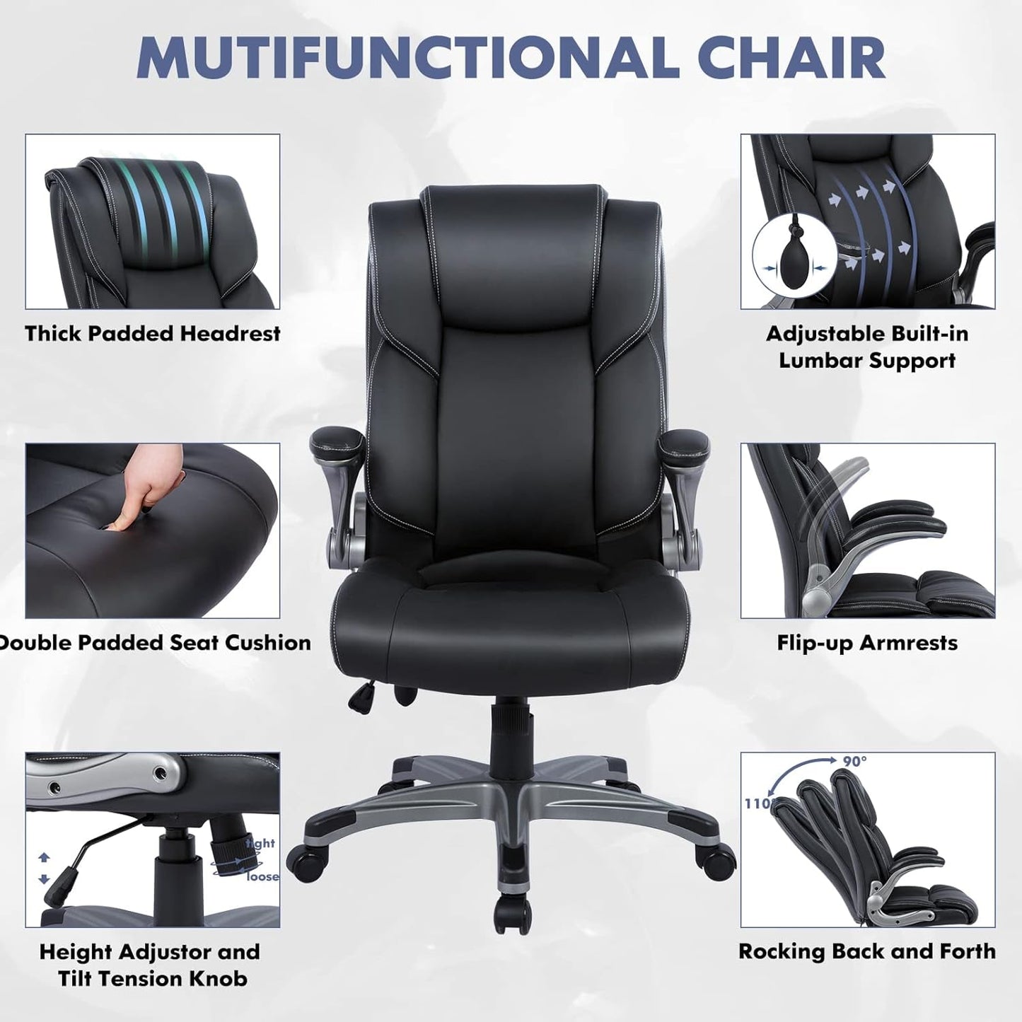 High Back Executive Office Chair- Ergonomic Home Computer Desk Leather
